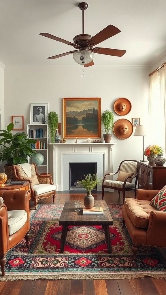 Cozy boho living room with vintage furniture and decor