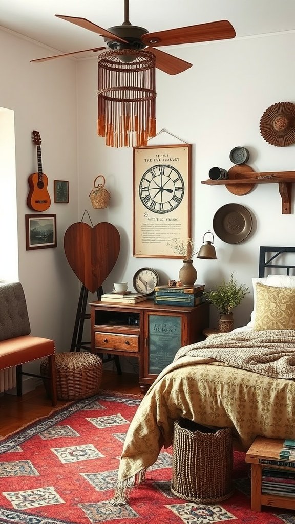 Cozy boho bedroom with vintage decor and warm colors