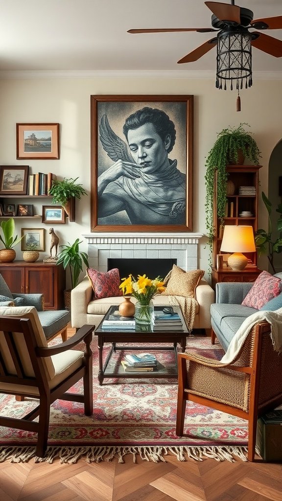 A cozy living room featuring vintage furniture accents, including mid-century chairs, a rustic coffee table, and a striking piece of wall art.