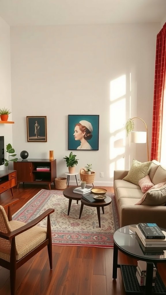 A cozy living room featuring vintage furniture and warm lighting.