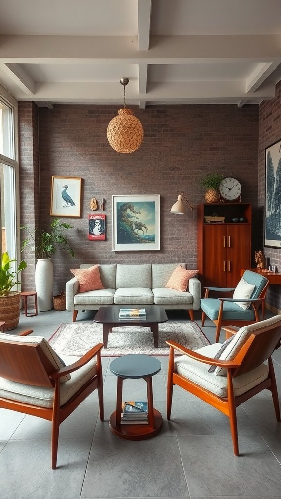 A beautifully styled mid-century modern living room with vintage furniture and decor.