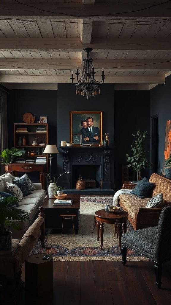 A cozy dark boho living room featuring vintage furniture, dark walls, and warm lighting.