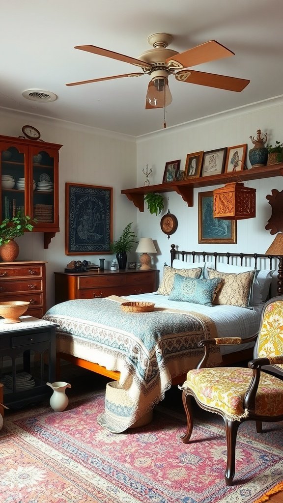 A cozy boho bedroom featuring vintage furniture, including a wooden bed, dresser, and patterned chair.