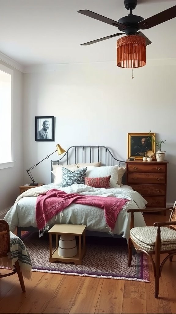 A cozy bedroom featuring vintage furniture with modern accents.
