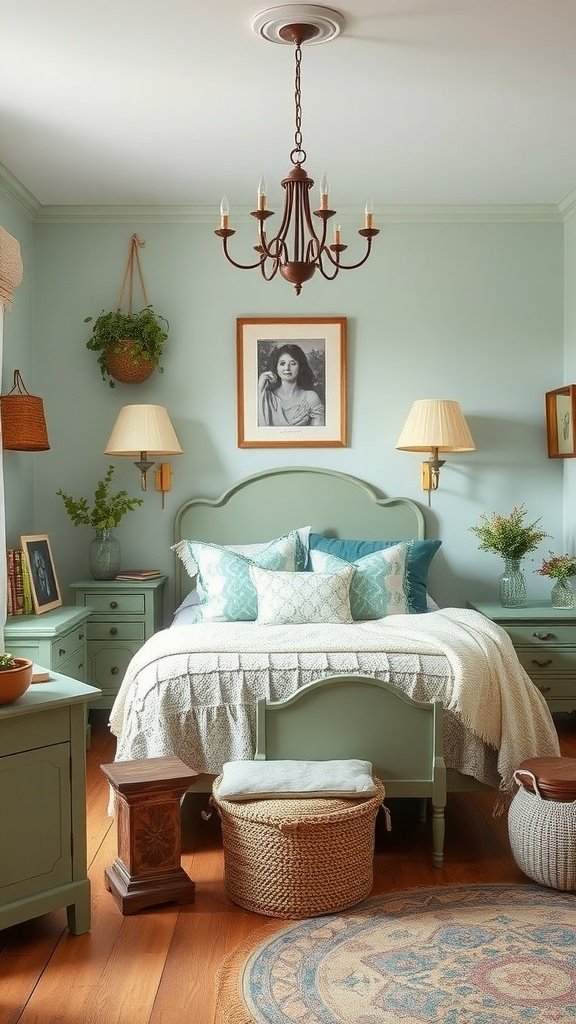 A cozy bedroom featuring vintage furniture in sage green, with warm wooden floors and soft bedding.