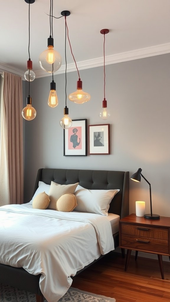 A stylish bedroom featuring vintage pendant lighting and mid-century modern furniture.