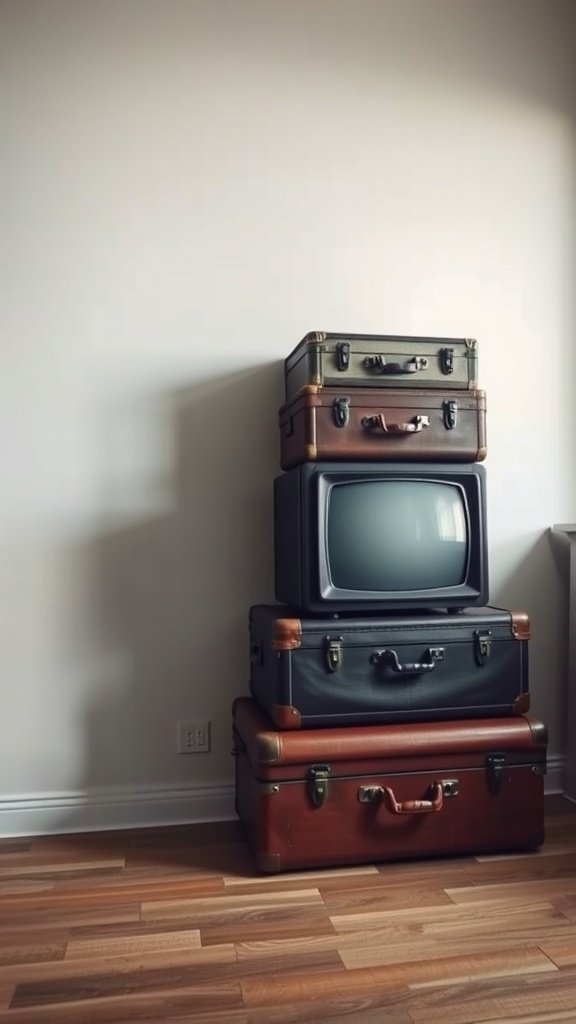 A stack of vintage suitcases with a retro television on top, creating a unique decor display.