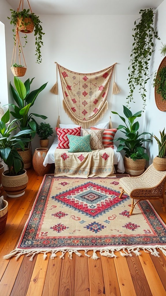 A cozy boho bedroom featuring a vintage woven rug, lush plants, colorful throw pillows, and warm wooden flooring.