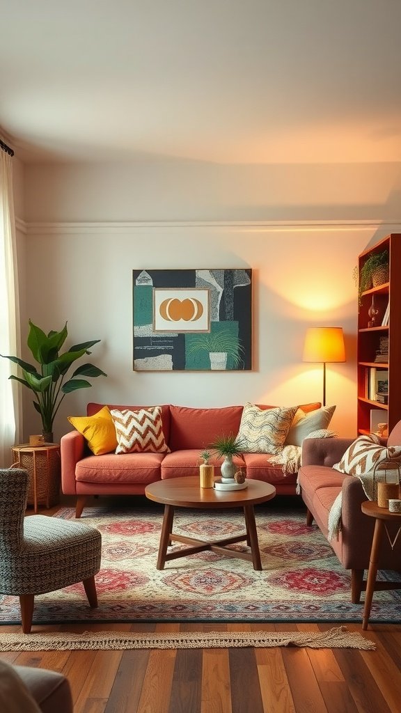 A warm and inviting mid-century modern living room featuring cozy seating, soft lighting, and decorative plants.