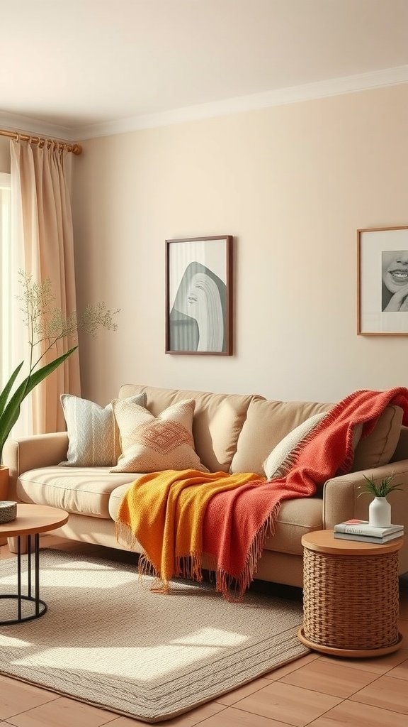 A warm beige sofa adorned with colorful throws and pillows in a modern living room.