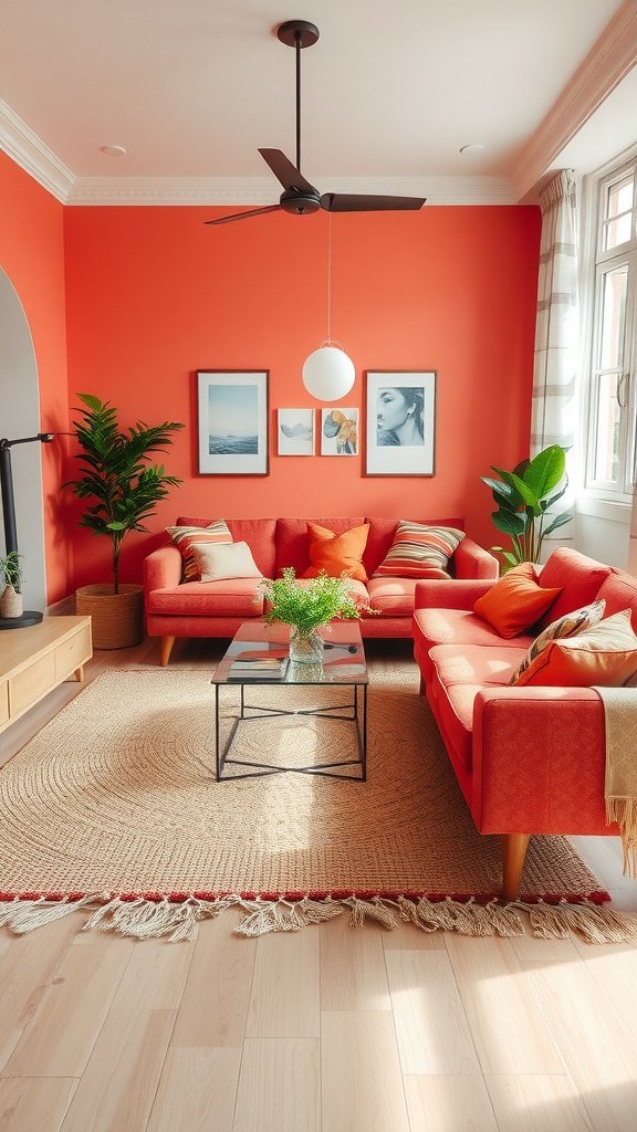 Cozy living room featuring warm coral walls, a coral sofa, natural fiber rug, and green plants.
