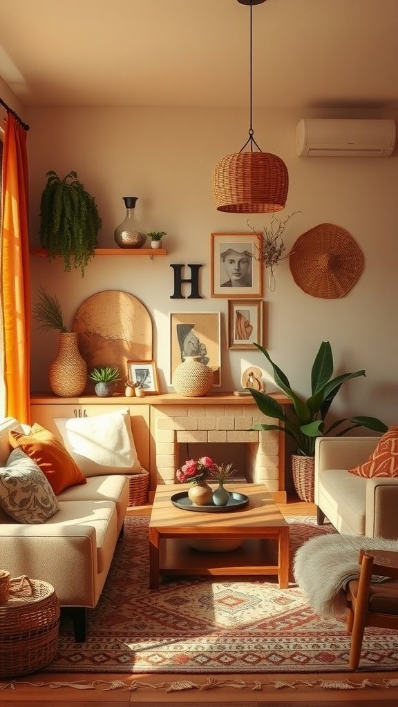 Boho living room with warm earthy color palette, featuring orange curtains, woven decor, and plants.