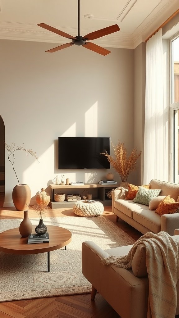 A warm and cozy living room featuring earthy color palettes with a beige sofa, brown wooden furniture, and natural decor.