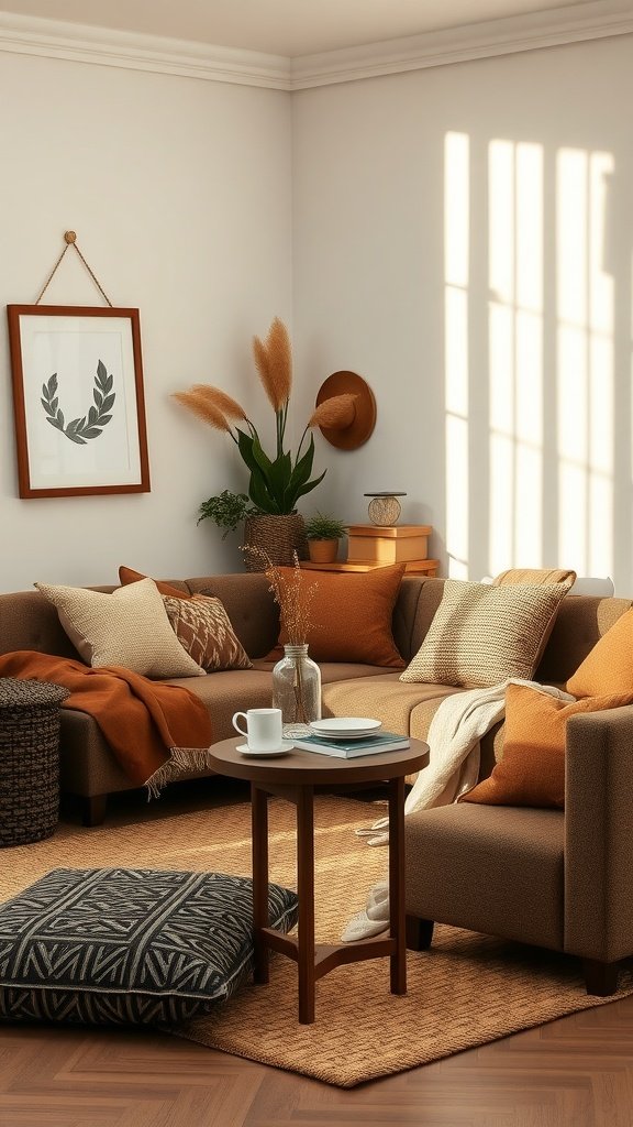 Cozy living room with warm earthy tones and textured fabrics.