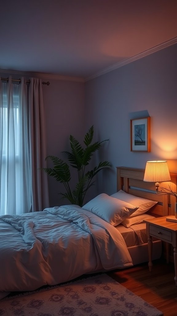 A cozy bedroom with warm lighting, featuring a lamp beside a neatly made bed and a plant in the corner.