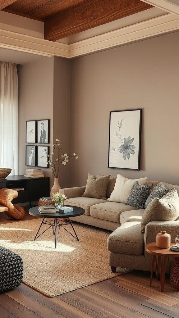 A cozy living room featuring warm taupe walls, textured fabrics, and modern furniture.