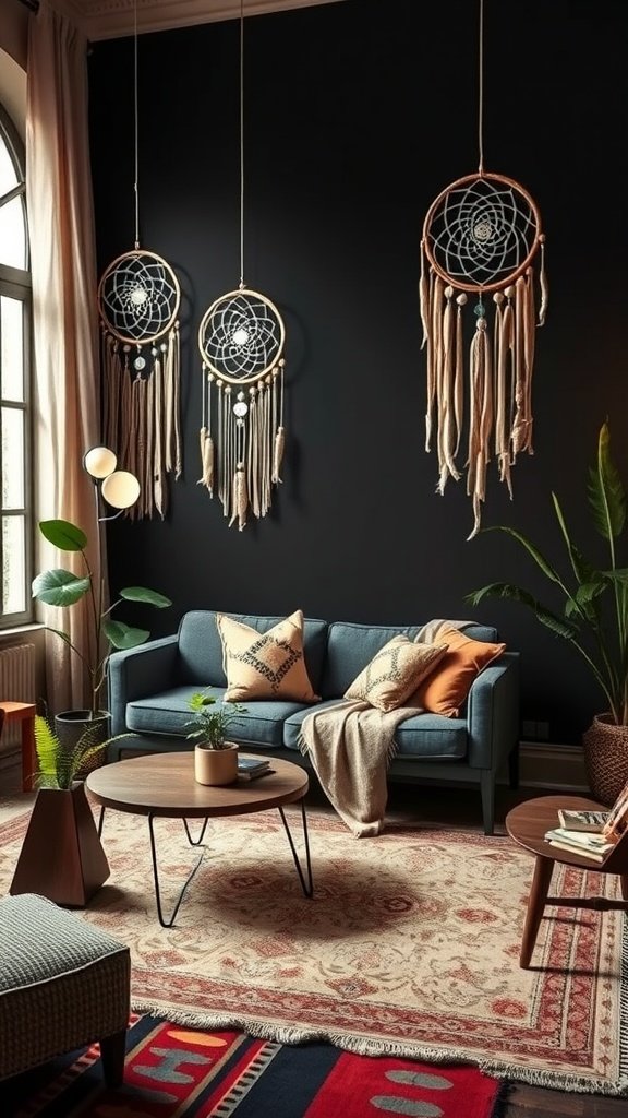 A dark boho living room featuring dreamcatchers, a blue sofa, and a plant.