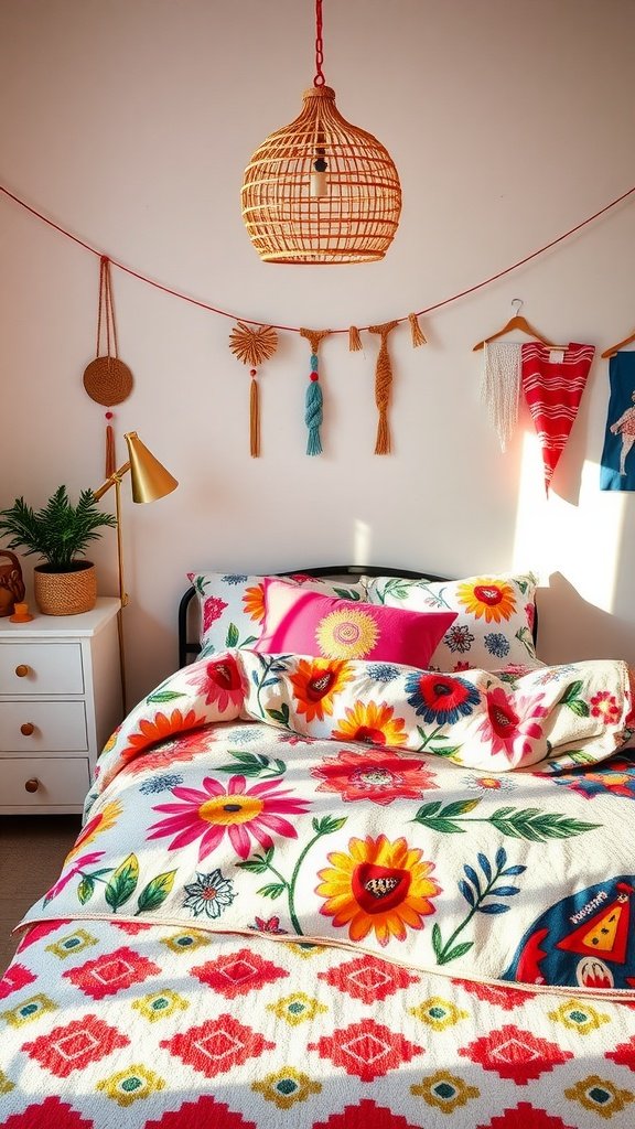 A brightly decorated bedroom featuring floral bedding, showcasing a playful boho style.