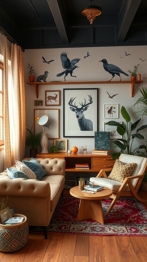 A cozy living room with wildlife-themed decorations, including framed art of animals and birds, plants, and stylish furniture.