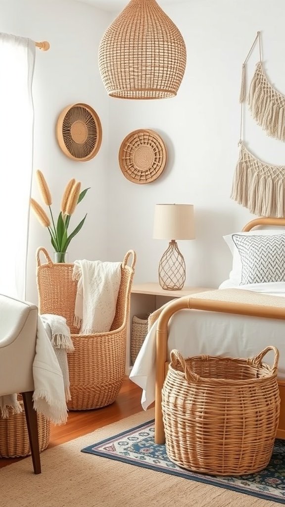 Cozy bedroom featuring woven baskets for storage and decor.