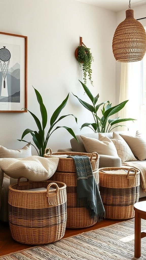 Cozy living room with woven baskets for storage, featuring plants and cushions.
