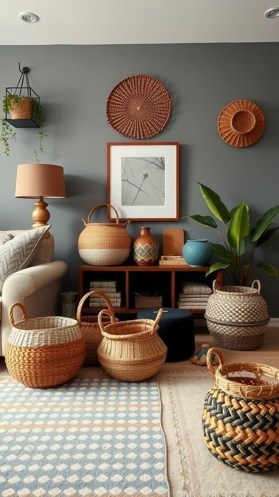 A cozy living room featuring woven baskets for storage, surrounded by plants and decorative items.