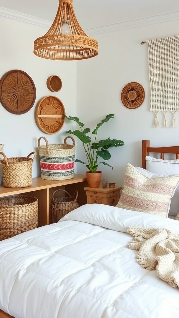 A boho bedroom featuring woven baskets for storage and a cozy bed.
